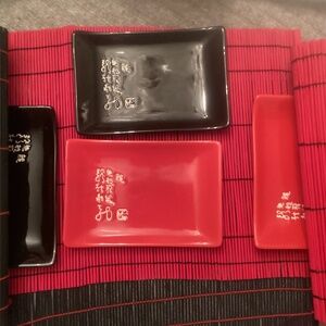 4 Bamboo red/ black Natural Table Mats Placemats & 4 red/black Japanese dishes
